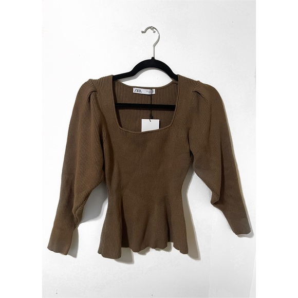 Zara brown Knit Peplum Top Ribbed Sweater Square neck - Picture 3 of 7
